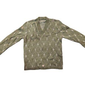 Vintage 1940s-1950s Olive Pea Green Beige Woven Print LS Knit V-Neck Sweater